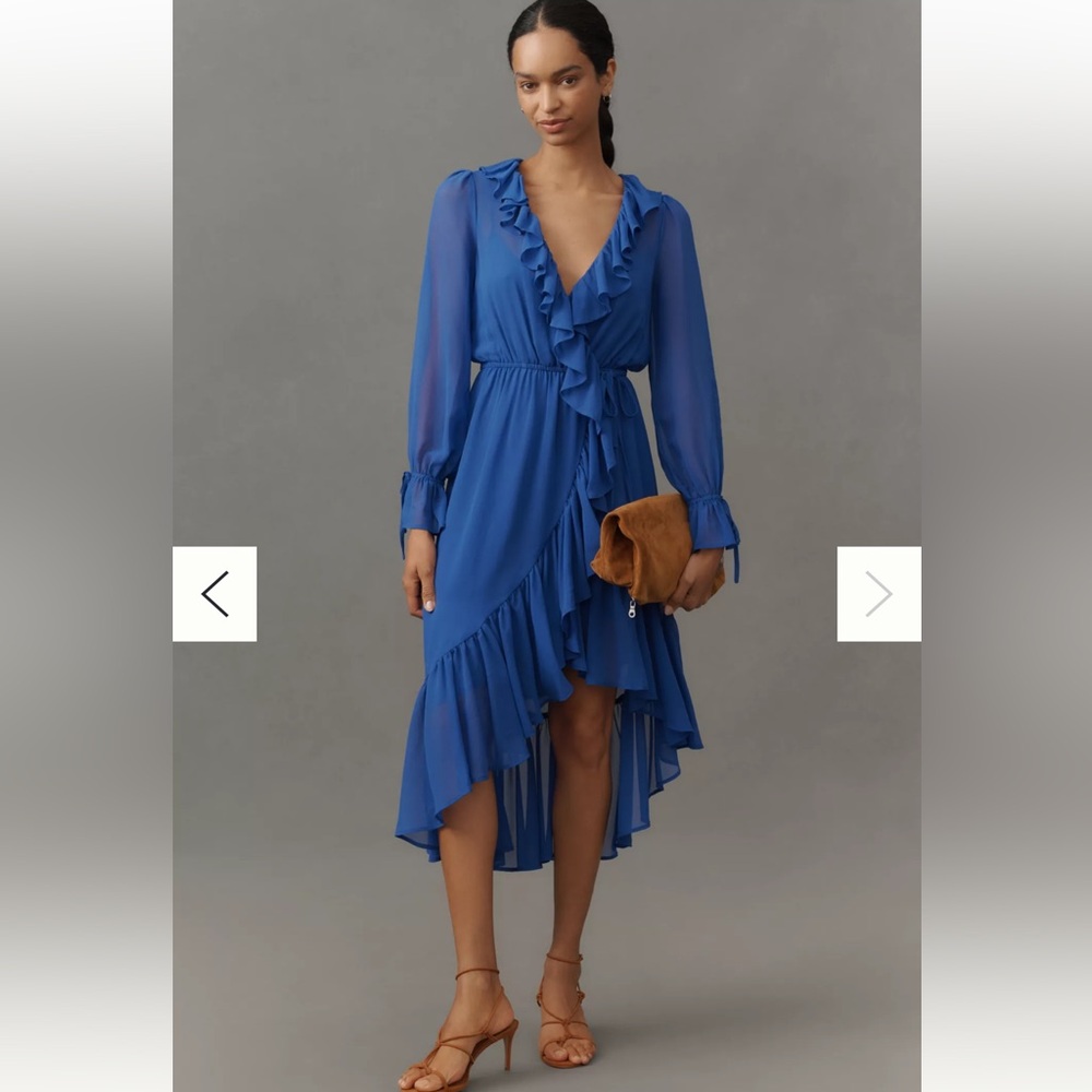 NWT By Anthropologie long sleeve ruffle asymmetric midi dress blue